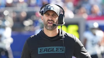 Oct 20, 2024; East Rutherford, New Jersey, USA;  Philadelphia Eagles head coach Nick Sirianni  against the New York Giants at MetLife Stadium. Mandatory Credit: Robert Deutsch-Imagn Images