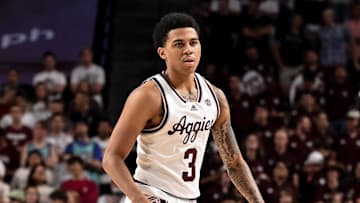 Nov 6, 2023; College Station, Texas, USA; Texas A&M Aggies guard Bryce Lindsay (3) dribbles the ball during the second half against the Texas A&M Commerce at Reed Arena. Mandatory Credit: Maria Lysaker-Imagn Images 