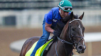 2025 Kentucky Derby contender Sovereignty, trained by Bill Mott, works April 26, 2025 at Churchill Downs in Louisville, Kentucky. 