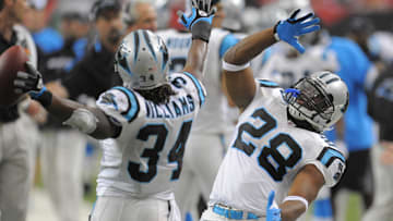 September 20, 2009; Atlanta, GA, USA; Carolina Panthers running back DeAngelo Williams (34) celebrates his touchdown against the Atlanta Falcons with team mat running back Jonathan Stewart (28) in the second quarter at the Georgia Dome. Mandatory Credit: Dale Zanine-Imagn Images