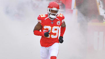 Dec 15, 2019; Kansas City, MO, USA; Kansas City Chiefs cornerback Kendall Fuller (29) takes the field during player introductions before the game against the Denver Broncos at Arrowhead Stadium. Mandatory Credit: Denny Medley-Imagn Images