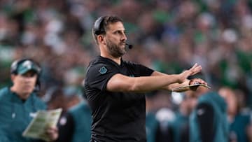 Sep 16, 2024; Philadelphia, Pennsylvania, USA; Philadelphia Eagles head coach Nick Sirianni reacts during the fourth quarter against the Atlanta Falcons at Lincoln Financial Field. Mandatory Credit: Bill Streicher-Imagn Images