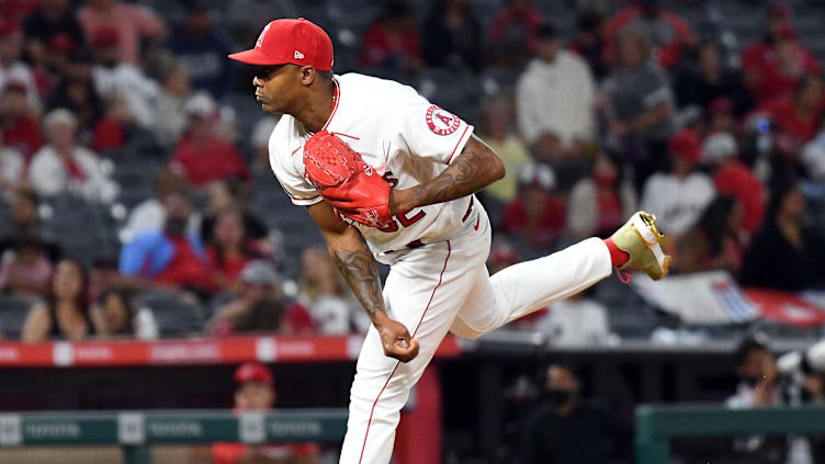 Jul 26, 2021; Anaheim, California, USA; Raisel Iglesias, LA Angels