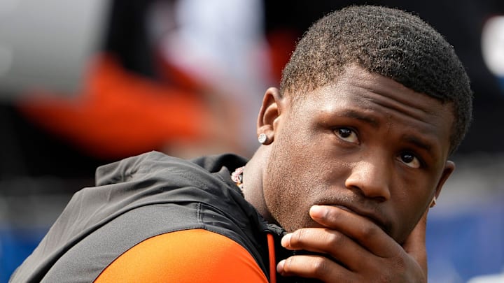 Cincinnati Bengals Tee Higgins who was inactive for the Bengals home opener watches the scoreboard as his team is defeated by the New England Patriots 16-10 at Paycor Stadium Sunday, September 8, 2024.