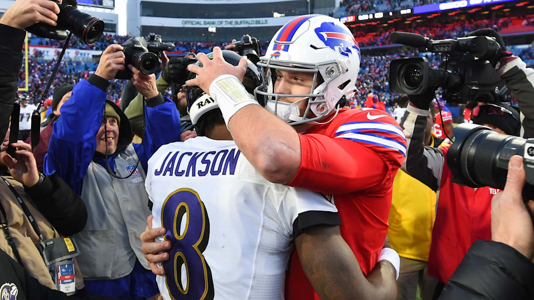 Dec 8, 2019; Orchard Park, NY, USA; Baltimore Ravens quarterback Lamar Jackson (8) and Buffalo Bills quarterback Josh Allen (17) embrace following the game at New Era Field. Mandatory Credit: Rich Barnes-Imagn Images