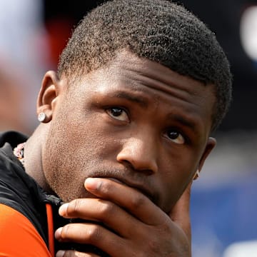 Cincinnati Bengals Tee Higgins who was inactive for the Bengals home opener watches the scoreboard as his team is defeated by the New England Patriots 16-10 at Paycor Stadium Sunday, September 8, 2024.