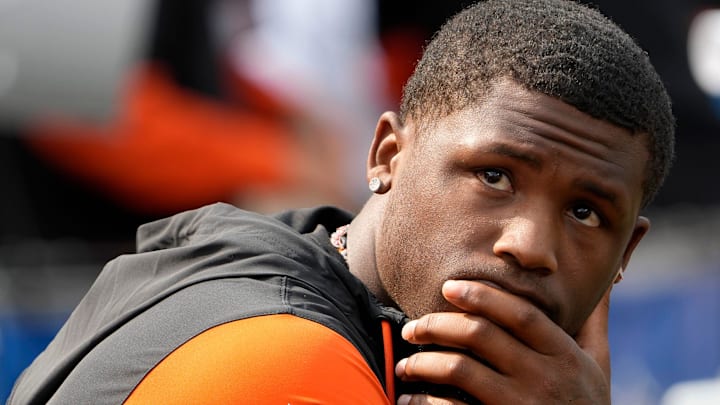 Cincinnati Bengals Tee Higgins who was inactive for the Bengals home opener watches the scoreboard as his team is defeated by the New England Patriots 16-10 at Paycor Stadium Sunday, September 8, 2024.