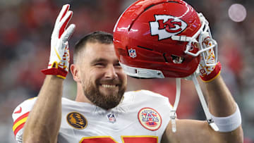 Nov 27, 2025; Arlington, Texas, USA; Kansas City Chiefs tight end Travis Kelce (87) warms up prior to the game against the Dallas Cowboys at AT&T Stadium. Mandatory Credit: Kevin Jairaj-Imagn Images