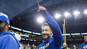 Nov 3, 2024; Seattle, Washington, USA; Los Angeles Rams head coach Sean McVay points to fans while walking to the locker room following an overtime victory against the Seattle Seahawks at Lumen Field. 