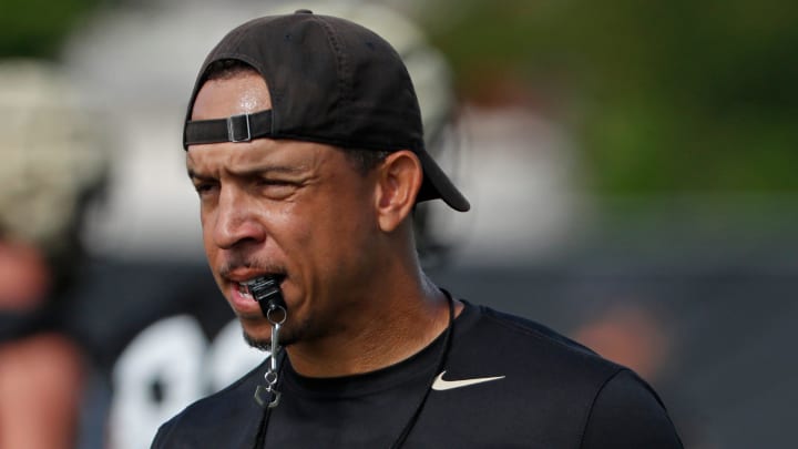 Purdue Boilermakers head coach Ryan Walters blows his whistle 