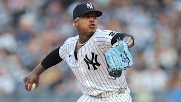 Jul 10, 2025; Bronx, New York, USA; New York Yankees starting pitcher Marcus Stroman (0) pitches against the Seattle Mariners during the first inning at Yankee Stadium. Mandatory Credit: Brad Penner-Imagn Images