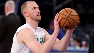 May 16, 2025; New York, New York, USA; Boston Celtics forward Sam Hauser (30) warms up before game six in the second round of the 2025 NBA Playoffs against the New York Knicks at Madison Square Garden. Mandatory Credit: Brad Penner-Imagn Images