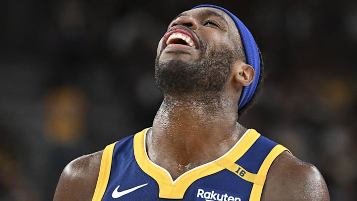 Oct 15, 2024; Las Vegas, Nevada, USA; Golden State Warriors guard Buddy Hield (7) reacts to a play against the Los Angeles Lakers in the fourth quarter during a preseason game at T-Mobile Arena. Mandatory Credit: Candice Ward-Imagn Images