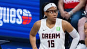 Sep 16, 2025; Indianapolis, Indiana, USA;  Atlanta Dream guard Allisha Gray (15) during game two of round one against the Indiana Fever for the 2025 WNBA Playoffs at Gainbridge Fieldhouse. Mandatory Credit: Trevor Ruszkowski-Imagn Images