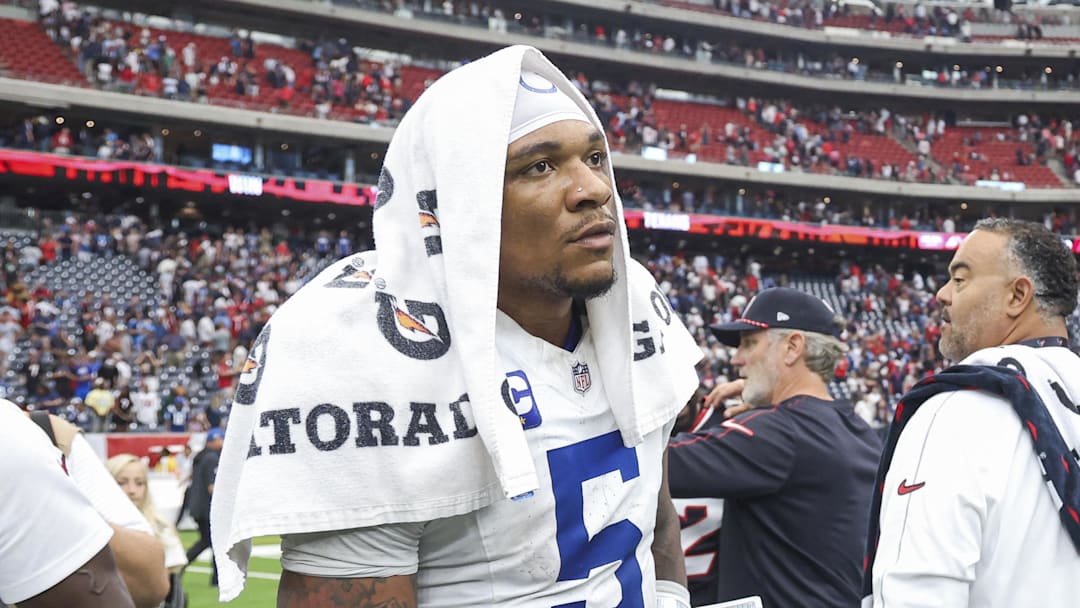 Oct 27, 2024; Houston, Texas, USA; Indianapolis Colts quarterback Anthony Richardson (5) reacts after the game against the Houston Texans at NRG Stadium. Mandatory Credit: Troy Taormina-Imagn Images