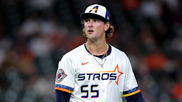 Houston Astros relief pitcher Forrest Whitley (55) reacts