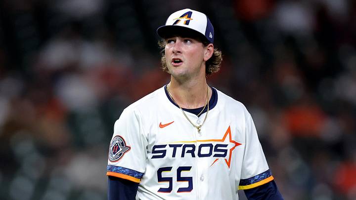 Houston Astros relief pitcher Forrest Whitley (55) reacts