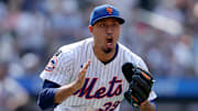 Jun 12, 2025; New York City, New York, USA; New York Mets relief pitcher Edwin Diaz (39) reacts after getting the final out of the game against the Washington Nationals at Citi Field. Mandatory Credit: Brad Penner-Imagn Images