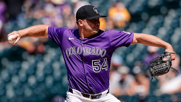 Jun 22, 2025; Denver, Colorado, USA; Colorado Rockies relief pitcher Seth Halvorsen (54) pitches in the ninth inning against the Arizona Diamondbacks at Coors Field. 