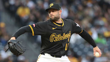 Apr 4, 2025; Pittsburgh, Pennsylvania, USA;  Pittsburgh Pirates relief pitcher Tim Mayza (18) pitches against the New York Yankees during the sixth inning at PNC Park. Mandatory Credit: Charles LeClaire-Imagn Images