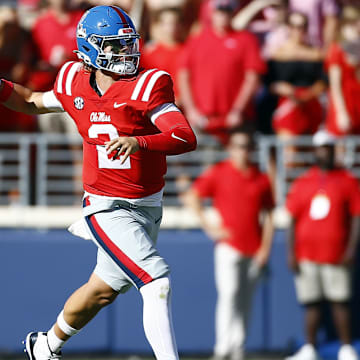 Sep 7, 2024; Oxford, Mississippi, USA; Mississippi Rebels quarterback Jaxson Dart (2) passes the ball during the first half against the Middle Tennessee Blue Raiders at Vaught-Hemingway Stadium. Mandatory Credit: Petre Thomas-Imagn Images