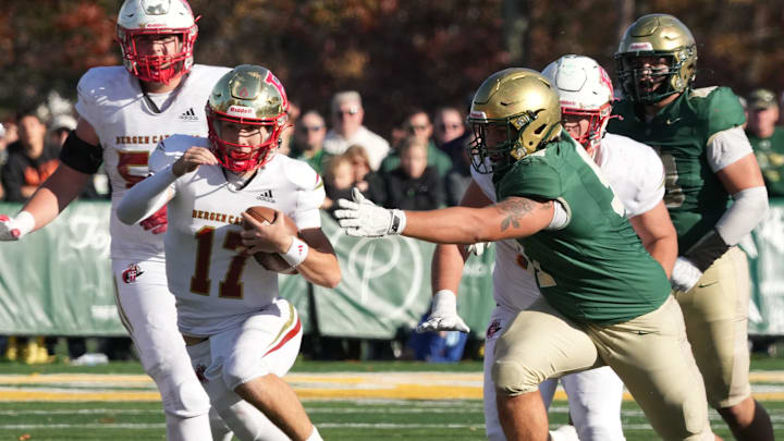 Montvale, NJ -- October 26, 2024 -- Dominic Campanile in of Bergen Catholic running the ball late in the game, as St. Joseph hosted Bergen Catholic in the battle of the number 6 and number 1 ranked teams in the USA Today NJ poll. Bergen won the game 28-17.