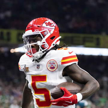 Feb 9, 2025; New Orleans, LA, USA;  Kansas City Chiefs wide receiver Marquise Brown (5) against the Philadelphia Eagles in Super Bowl LIX at Ceasars Superdome. Mandatory Credit: Mark J. Rebilas-Imagn Images