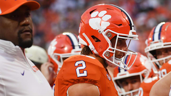 Sept 7, 2024; Clemson, SC, USA; The Clemson Tigers played the Appalachian State Mountaineers in college football Saturday, Sept. 7, 2024. Clemson quarterback Cade Klubnik (2) on the field before the game. 