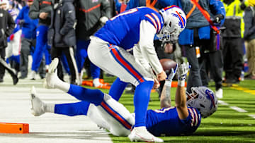 Jan 21, 2024; Orchard Park, New York, USA; Buffalo Bills quarterback Josh Allen (17) reacts with wide receiver Khalil Shakir (10) after throwing a touchdown pass against the Kansas City Chiefs during the second half for the 2024 AFC divisional round game at Highmark Stadium.