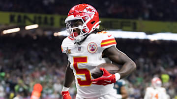 Feb 9, 2025; New Orleans, LA, USA;  Kansas City Chiefs wide receiver Marquise Brown (5) against the Philadelphia Eagles in Super Bowl LIX at Ceasars Superdome. Mandatory Credit: Mark J. Rebilas-Imagn Images