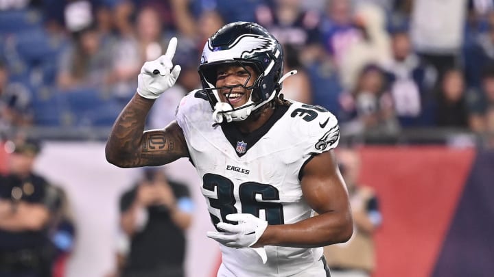 Aug 15, 2024; Foxborough, MA, USA; Philadelphia Eagles running back Kendall Milton (36) celebrates his touchdown against the New England Patriots during the second half at Gillette Stadium. Mandatory Credit: Eric Canha-USA TODAY Sports