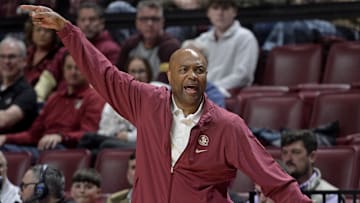 Jan 4, 2025; Tallahassee, Florida, USA; Florida State Seminoles head coach Leonard Hamilton reacts during the first half against the Syracuse Orange at Donald L. Tucker Center. Mandatory Credit: Melina Myers-Imagn Images