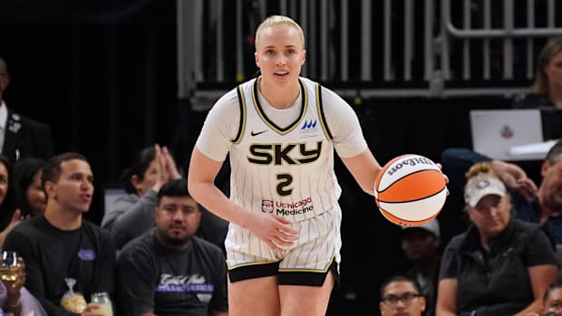 June 27, 2025; San Francisco, California, USA;  Chicago Sky guard Hailey Van Lith (2) dribbles up court against the Golden St