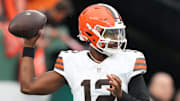Nov 9, 2025; East Rutherford, New Jersey, USA;  Cleveland Browns Cleveland Browns quarterback Shedeur Sanders (12) before the game against the New York Jets at MetLife Stadium. Mandatory Credit: Robert Deutsch-Imagn Images
