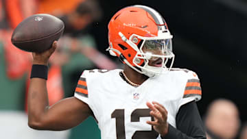 Nov 9, 2025; East Rutherford, New Jersey, USA;  Cleveland Browns Cleveland Browns quarterback Shedeur Sanders (12) before the game against the New York Jets at MetLife Stadium. Mandatory Credit: Robert Deutsch-Imagn Images