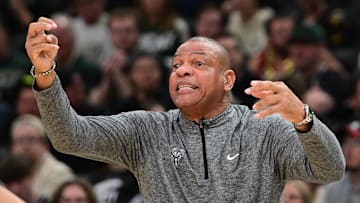 Apr 27, 2025; Milwaukee, Wisconsin, USA; Milwaukee Bucks head coach Doc Rivers reacts in the third quarter against the Indiana Pacers during game four of first round for the 2024 NBA Playoffs at Fiserv Forum. Mandatory Credit: Benny Sieu-Imagn Images