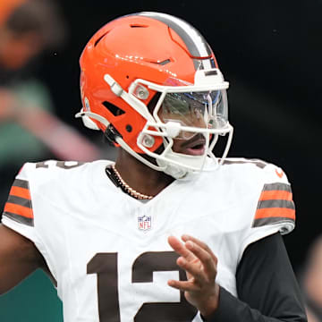 Nov 9, 2025; East Rutherford, New Jersey, USA;  Cleveland Browns Cleveland Browns quarterback Shedeur Sanders (12) before the game against the New York Jets at MetLife Stadium. Mandatory Credit: Robert Deutsch-Imagn Images