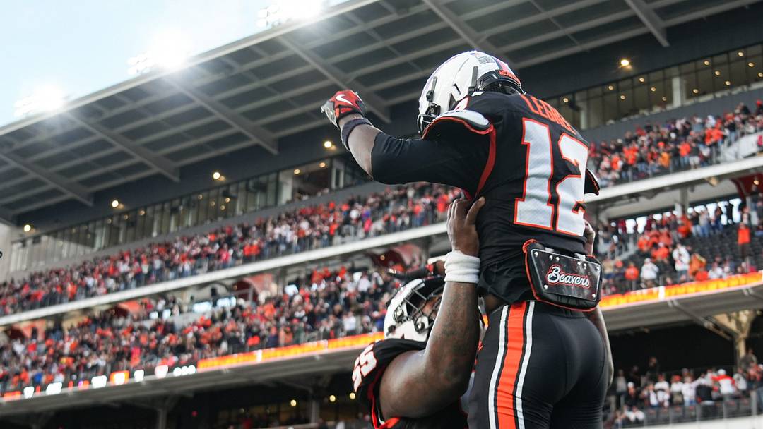 Oregon State's Jesse Legree, right, gets carried by teammate Jeremiah Ioane after scoring a touchdown during an NCAA football game at Reser Stadium on Sept. 12 in Corvallis. Oregon State's Jesse Legree, right, gets carried by teammate Jeremiah Ioane after scoring a touchdown during an NCAA football game at Reser Stadium on Sept. 12 in Corvallis.