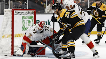 Oct 14, 2024; Boston, Massachusetts, USA; Florida Panthers defenseman Niko Mikkola (77) holds back Boston Bruins center Elias Lindholm (28) from getting to a loose puck at the side of the net of Florida Panthers goaltender Sergei Bobrovsky (72) during the second period at TD Garden. Mandatory Credit: Winslow Townson-Imagn Images