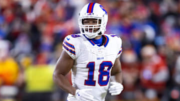 Jan 26, 2025; Kansas City, MO, USA; Buffalo Bills wide receiver Amari Cooper (18) against the Kansas City Chiefs during the AFC Championship game at GEHA Field at Arrowhead Stadium. Mandatory Credit: Mark J. Rebilas-Imagn Images