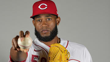 Feb 21, 2023; Goodyear, AZ, USA; Cincinnati Reds pitcher Tayron Guerrero (50) poses for images on