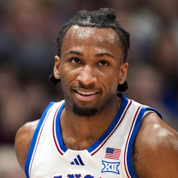 Nov 3, 2025; Lawrence, Kansas, USA; Kansas Jayhawks guard Darryn Peterson (22) reacts during the first half against the Green Bay Phoenix at Allen Fieldhouse. Mandatory Credit: Jay Biggerstaff-Imagn Images