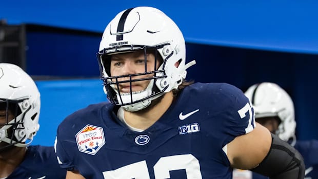 Penn State Nittany Lions offensive lineman Nolan Rucci runs onto the field for against the Fiesta Bowl vs. Boise State.