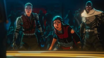 (L-R): Alexei Shostakov/ Red Guardian (voiced by David Harbour), Yelena Belova (voiced by Florence Pugh), Kamala Khan (voiced by Iman Vellani) and Blade Knight (voiced by Todd Williams) in Marvel Television's MARVEL ZOMBIES exclusively on Disney+. 