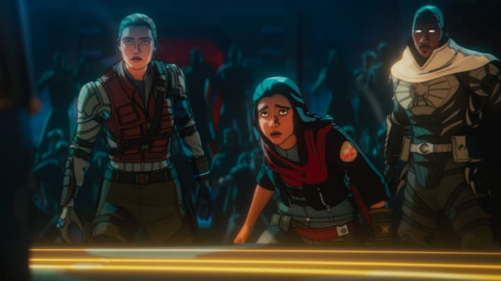 (L-R): Alexei Shostakov/ Red Guardian (voiced by David Harbour), Yelena Belova (voiced by Florence Pugh), Kamala Khan (voiced by Iman Vellani) and Blade Knight (voiced by Todd Williams) in Marvel Television's MARVEL ZOMBIES exclusively on Disney+. 