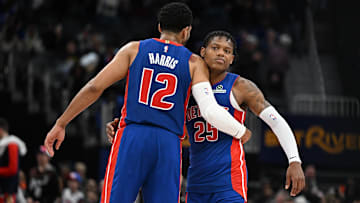 Detroit Pistons guard Marcus Sasser (25) celebrates with forward Tobias Harris (12) after beating the New Orleans Pelicans at Little Caesars Arena.