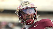 Oct 4, 2025; Tallahassee, Florida, USA; Florida State Seminoles quarterback Tommy Castellanos (1) warms up before a game against the Miami Hurricanes at Doak S. Campbell Stadium. Mandatory Credit: Melina Myers-Imagn Images