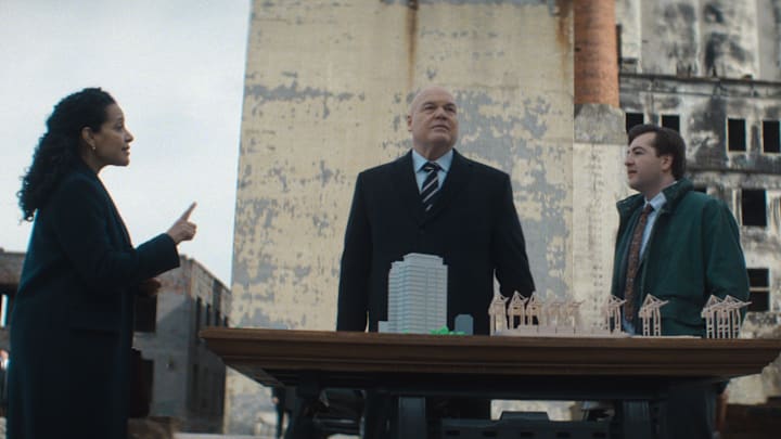 (L-R) Sheila Rivera (Zabryna Guevera), Wilson Fisk/Kingpin (Vincent D'Onofrio), Daniel Blake (Michael Gandolfini) and Buck Cashman (Arty Froushan) in Marvel Television's DAREDEVIL: BORN AGAIN, exclusively on Disney+. Photo courtesy of Marvel Television. © 2025 MARVEL.