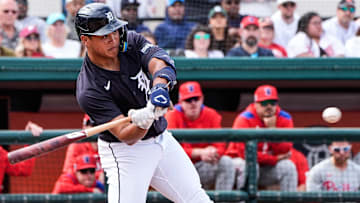 Detroit Tigers infielder Hao-Yu Lee bats against the Philadelphia Phillies during the fifth inning of a Grapefruit League game at Joker Marchant Stadium in Lakeland, Fla., on Saturday, Feb. 22, 2025.