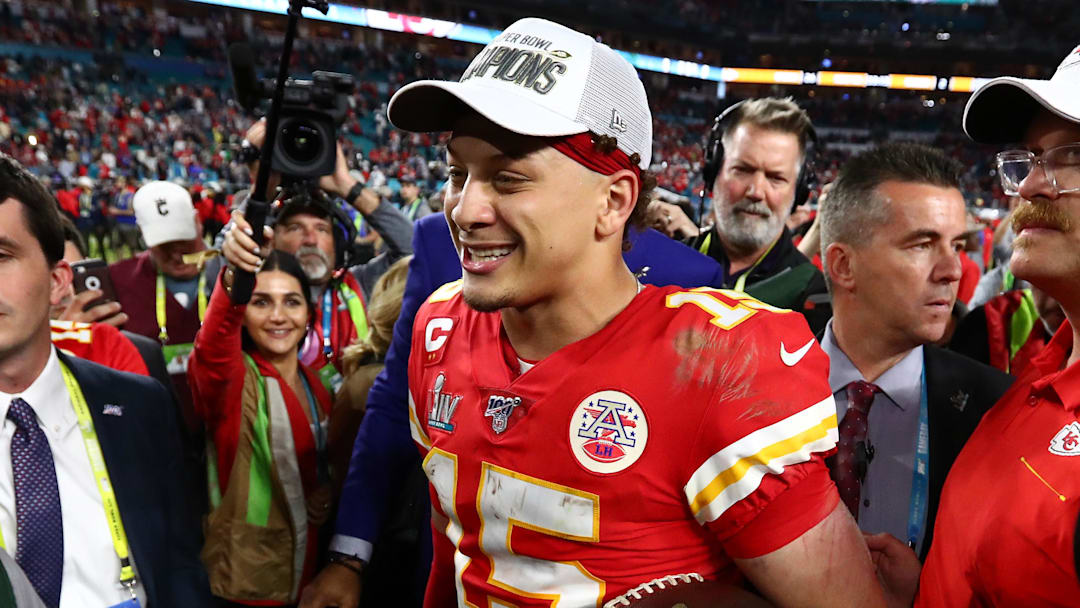 Feb 2, 2020; Miami Gardens, Florida, USA; Kansas City Chiefs quarterback Patrick Mahomes (15) smiles after a victory against the San Francisco 49ers in Super Bowl LIV at Hard Rock Stadium. Mandatory Credit: Matthew Emmons-Imagn Images